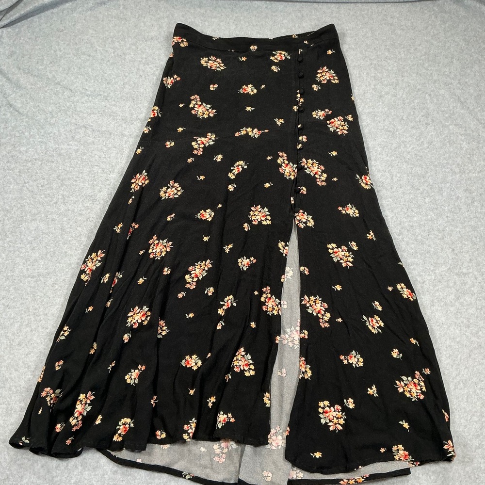 American Eagle Floral Maxi Skirt Black Button Front High Slit Boho Viscose Small